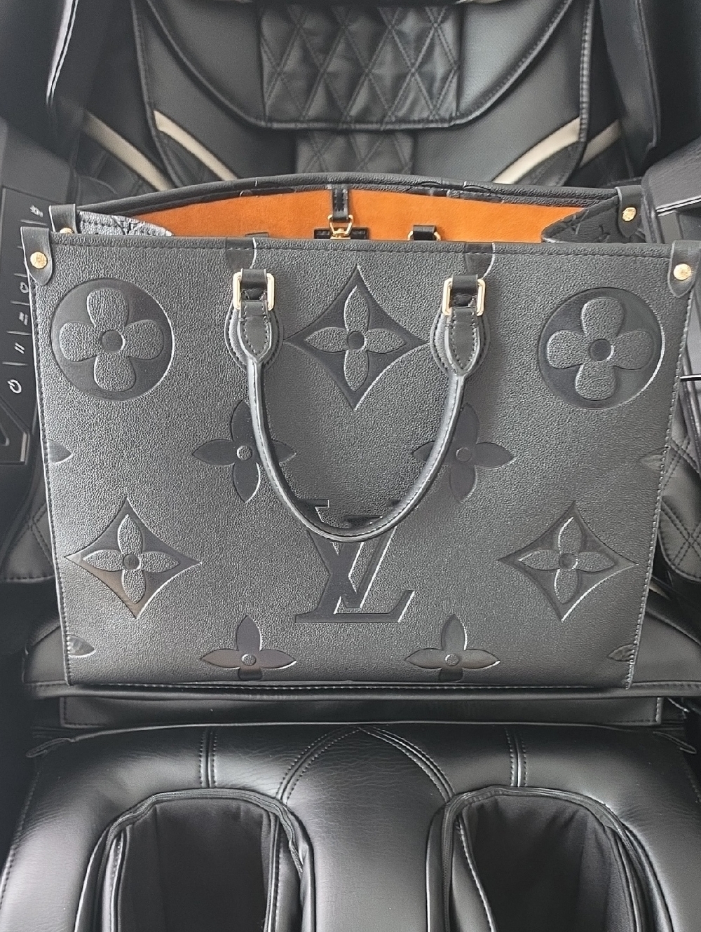 Louis Vuitton Black Embossed Monogram Tote with Tan Interior